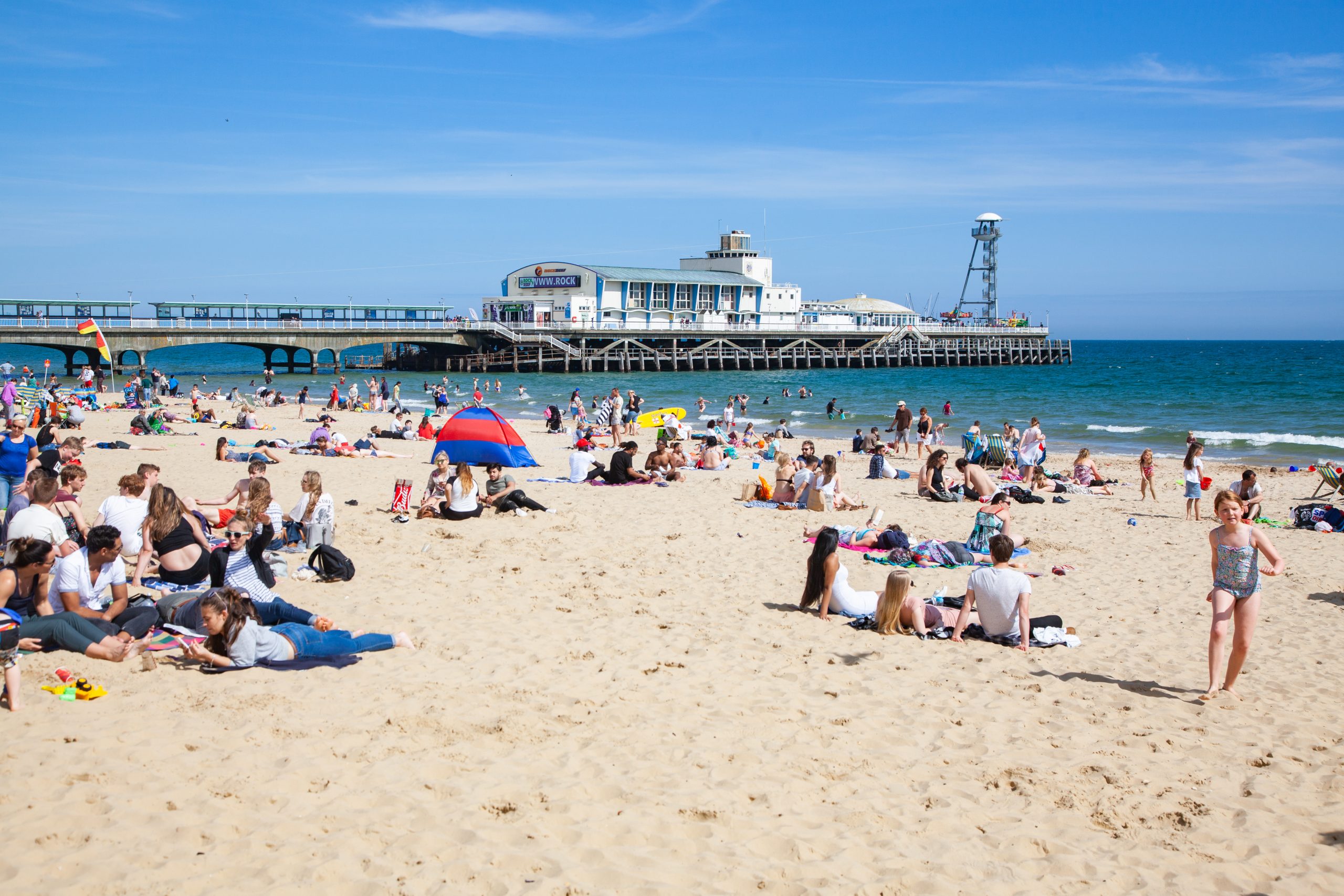 Bournemouth Pier and sandy beach in Bournemouth, Dorset