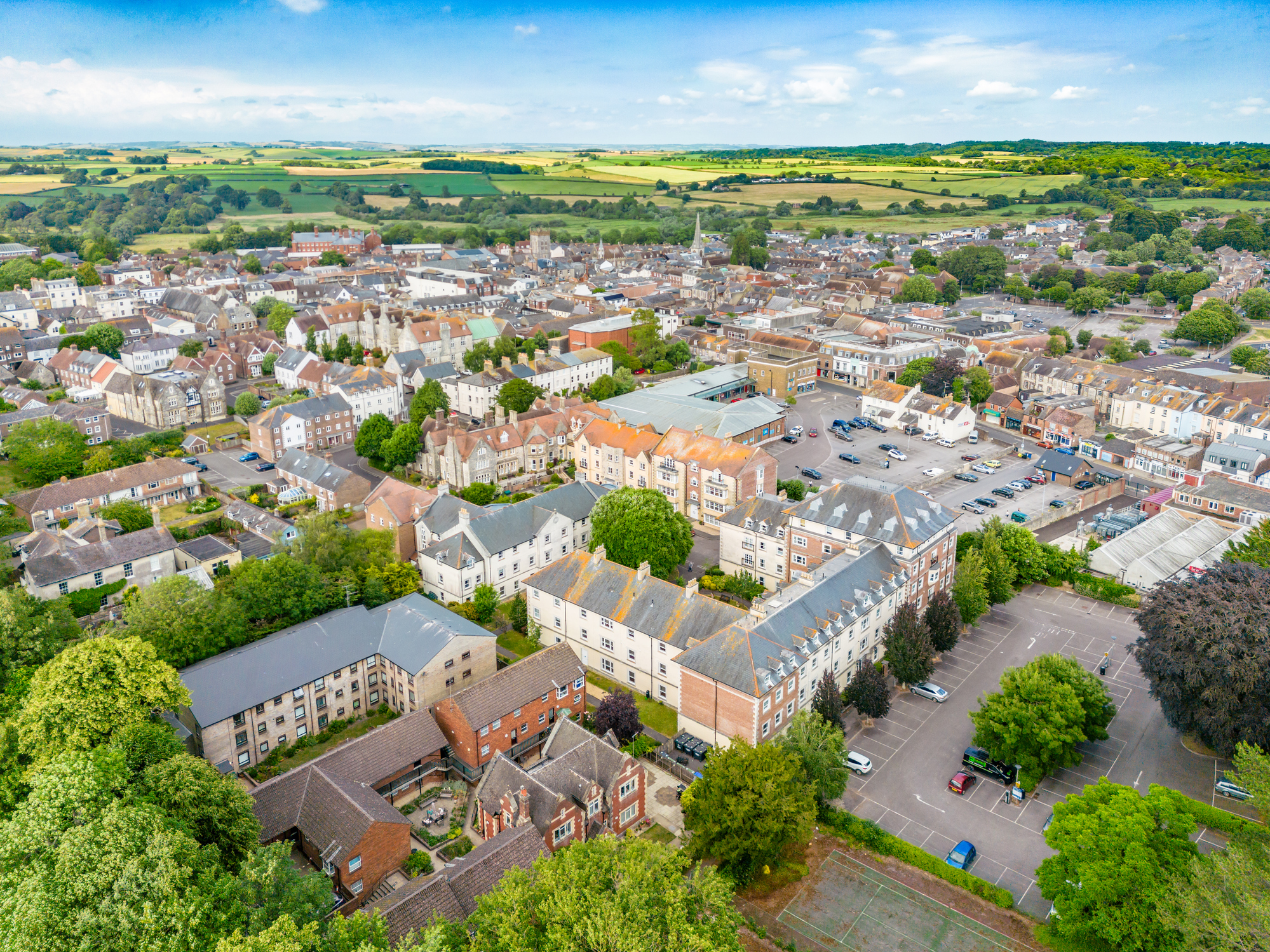 Aerial view across Dorchester town and the surrounding Dorset countryside