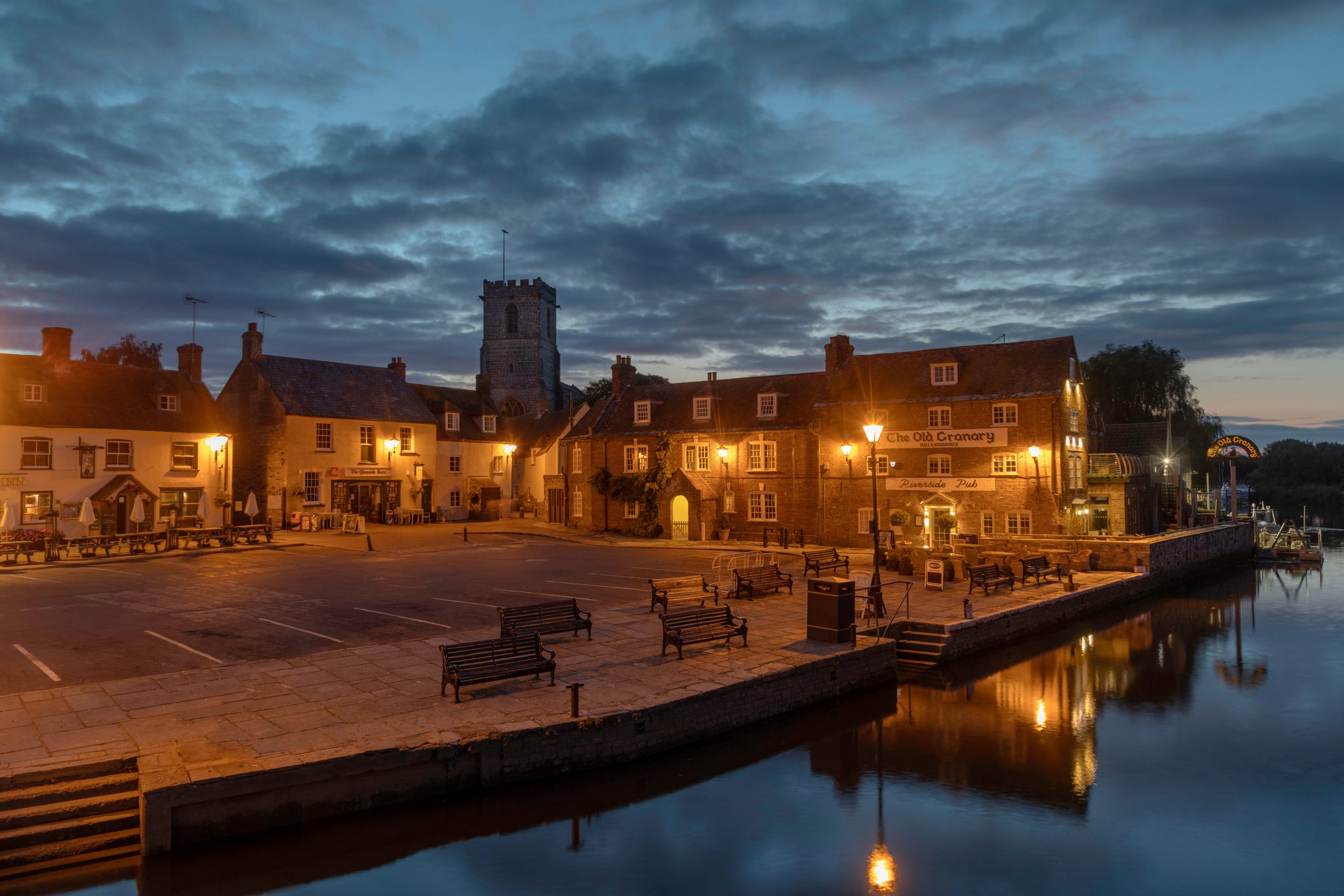 Wareham Quay and River Frome at dusk in Wareham, Dorset
