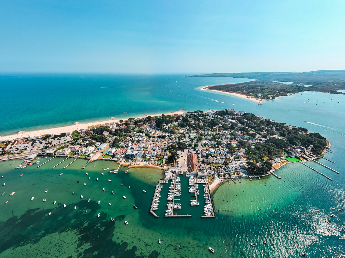Aerial view of Sandbanks and the entrance to Poole Harbour in Dorset