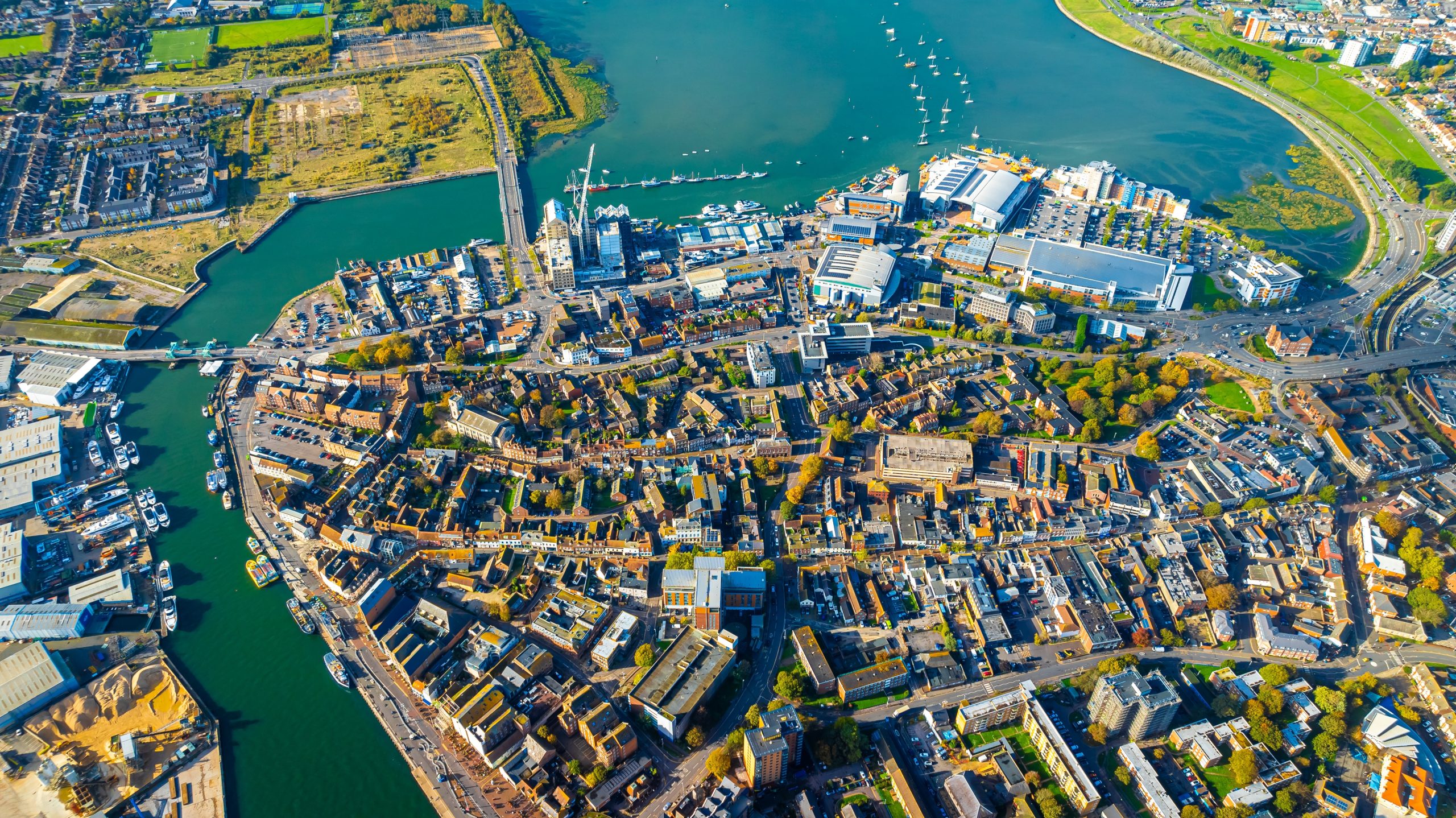 Aerial view of Poole town and harbour in Dorset