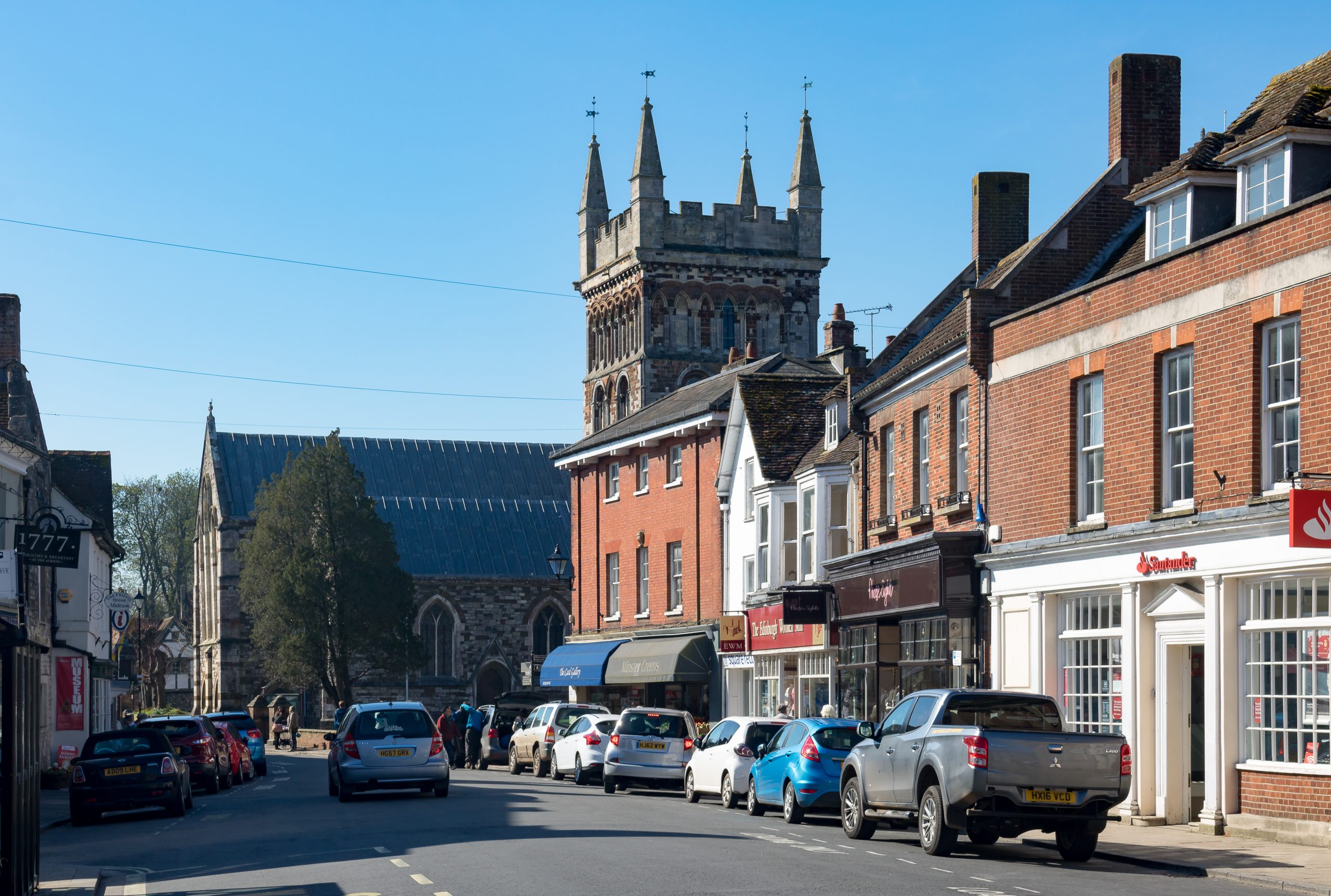 Wimborne Minster viewed from the town centre in Wimborne, Dorset