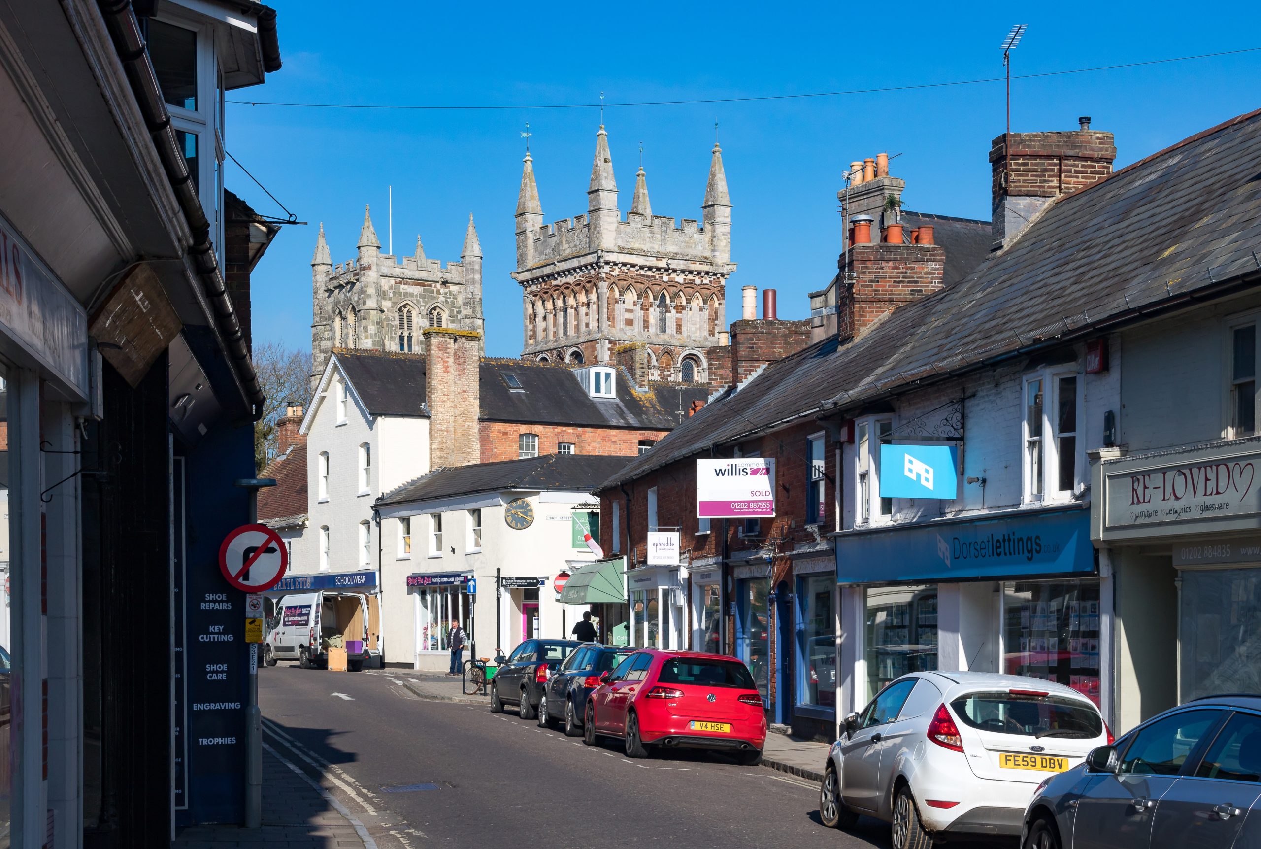 Wimborne town centre with Wimborne Minster in the background, Dorset