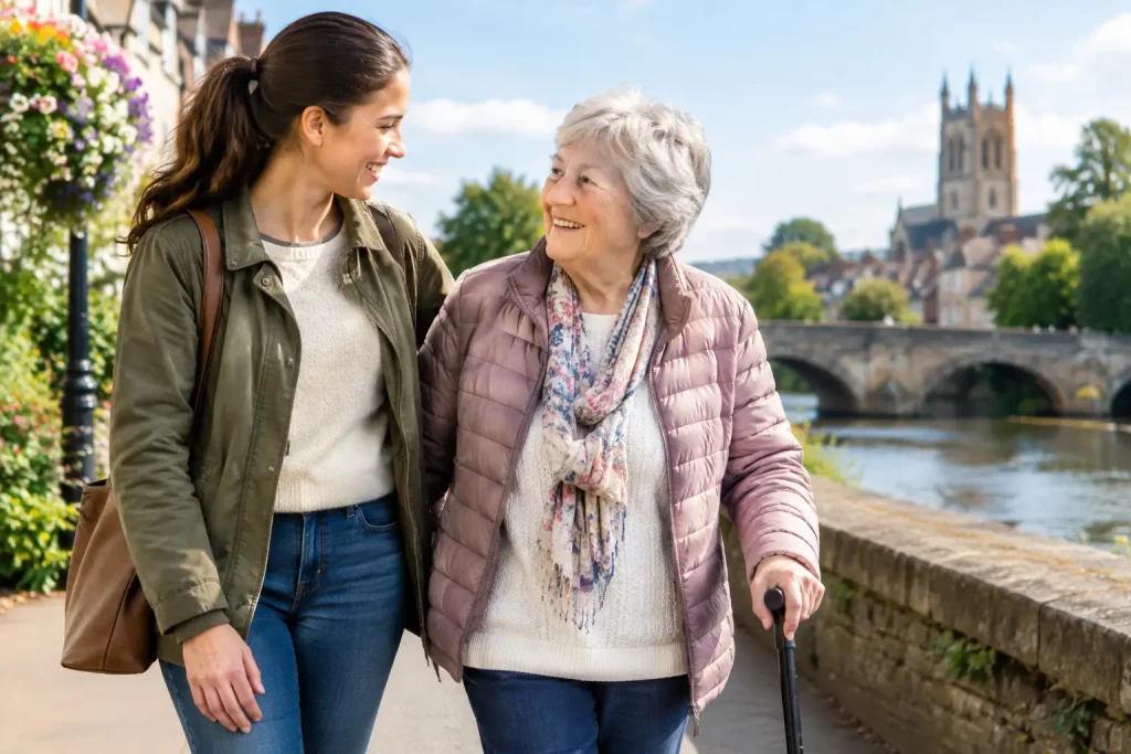 Older woman using a walking stick beside a younger woman on a riverside path in Taunton, Somerset