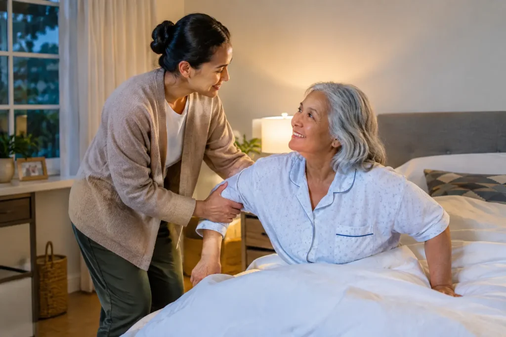 Older woman receiving support getting out of bed during overnight care at home