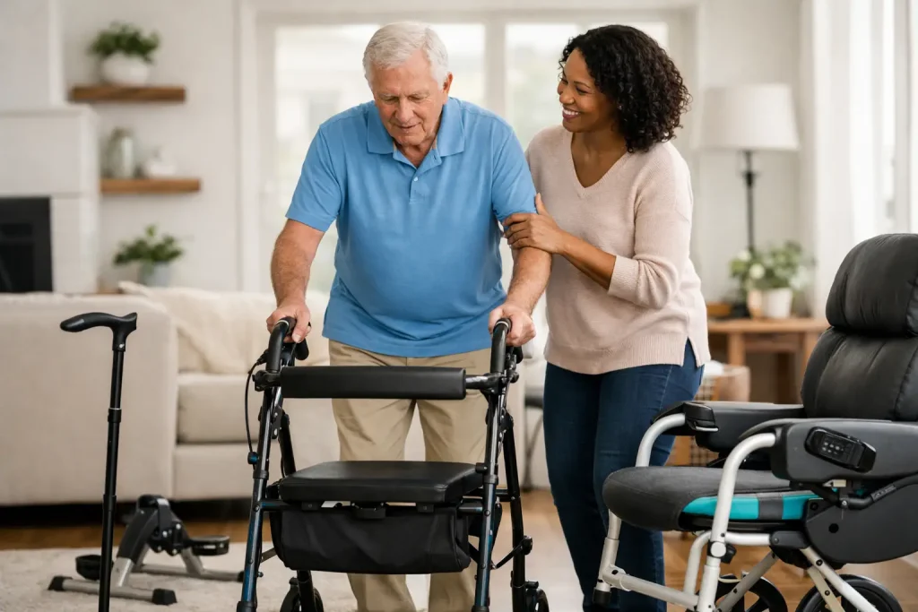 Older man using a four-wheeled rollator with support at home