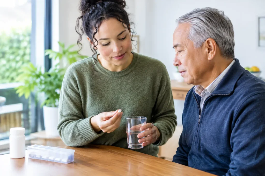 Woman supporting an older man with medication and a glass of water at home