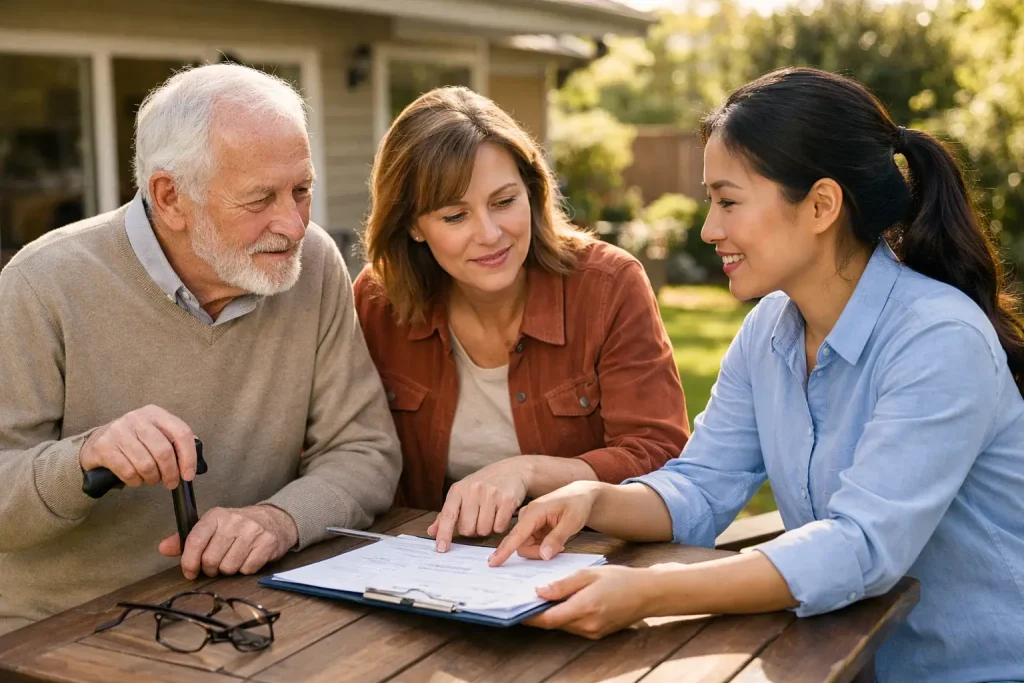 Older man and family member reviewing a care plan with a care professional in the garden