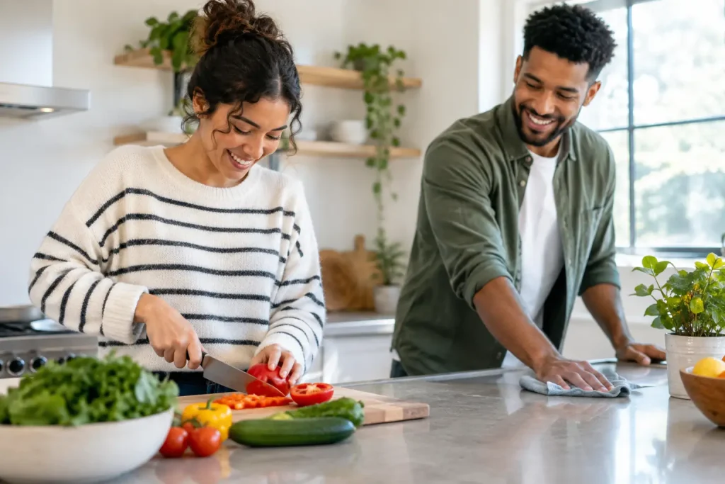 Couple sharing household tasks while preparing food together at home