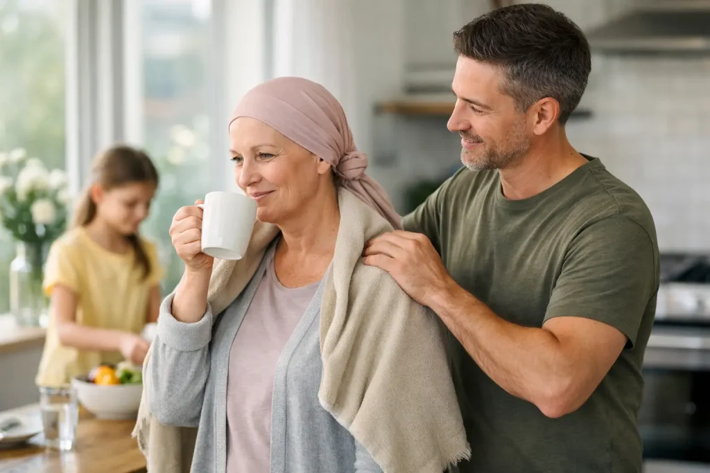 Woman receiving support from a family member at home during cancer treatment