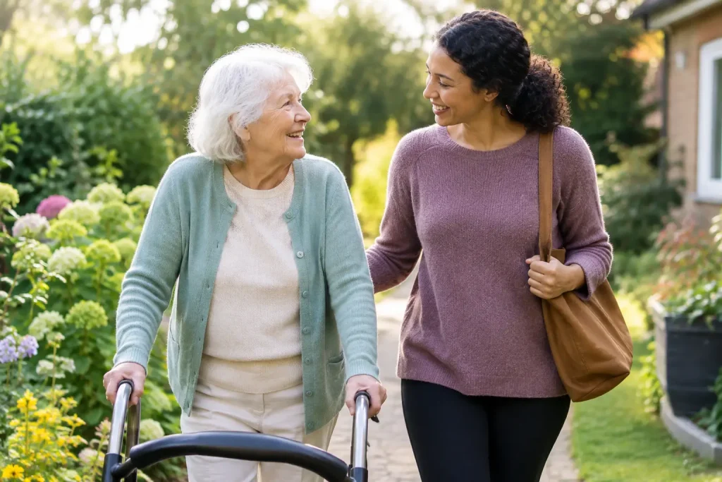 Older woman using a walking aid while talking with another woman on a garden path