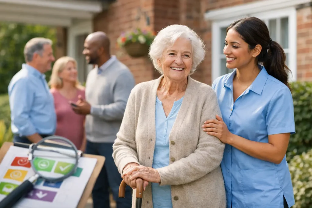 Older woman with a care professional outside a home during a discussion about care quality