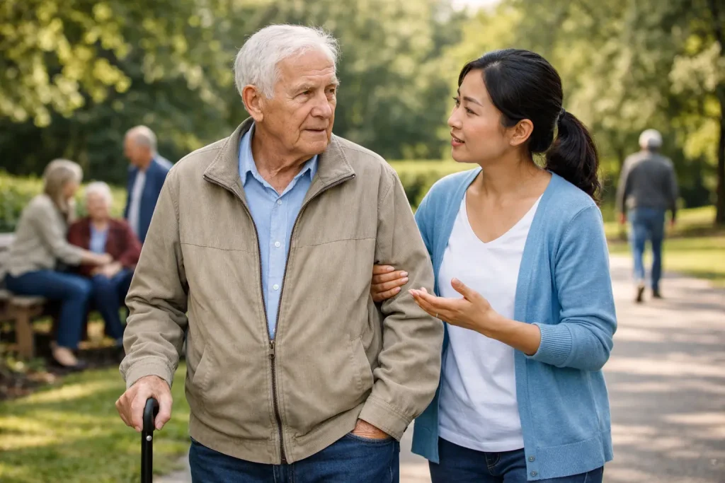 Older man walking with a woman providing support in a park