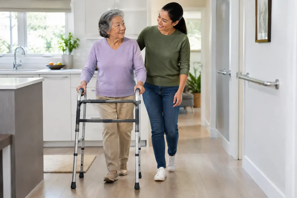 Older woman using a walking frame at home with support nearby and a wall-mounted grab rail