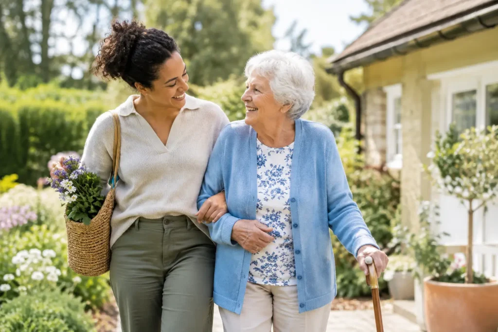 Older woman using a walking stick while walking arm in arm with another woman outside a home