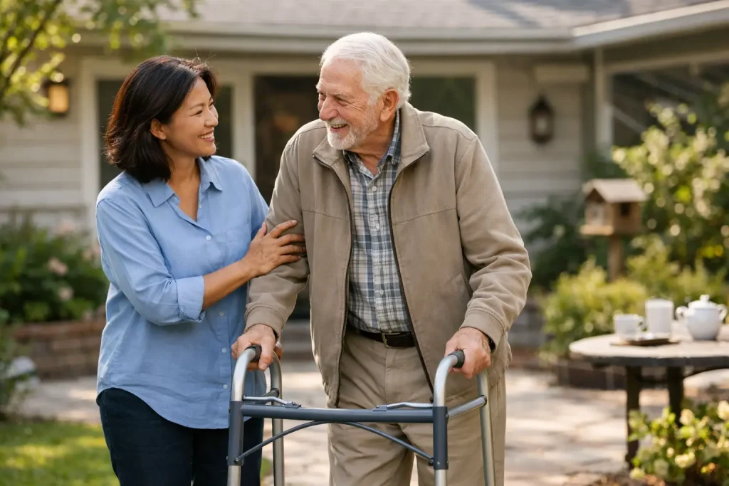 Woman supporting an older man using a walking frame in his garden at home