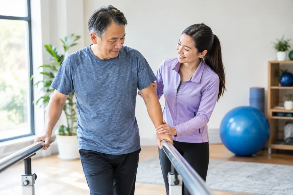 Man practising walking between parallel bars with support during stroke recovery