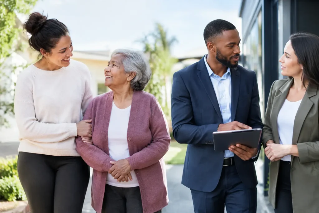 Older woman beside another woman, with two other adults discussing a tablet outside a home