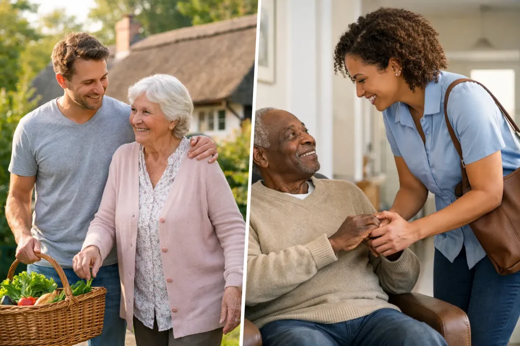 Split image showing an older woman with a live-in carer and an older man greeting a visiting carer at home