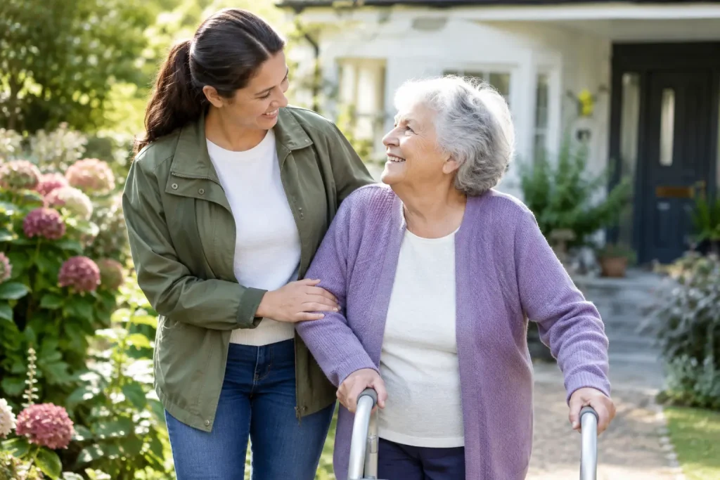 Older woman using a walking frame with another woman beside her outside a home