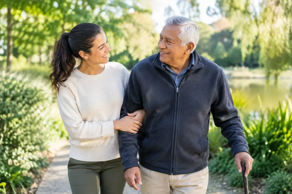 Older man walking with a stick alongside a supportive woman in a park