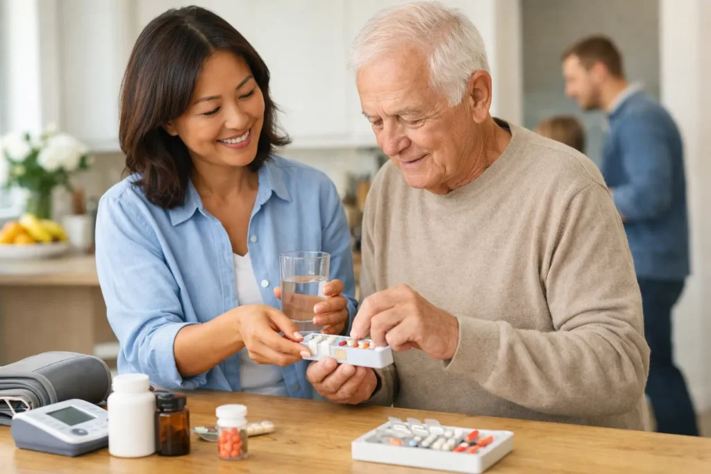 Older man managing his medication with support from a carer at home