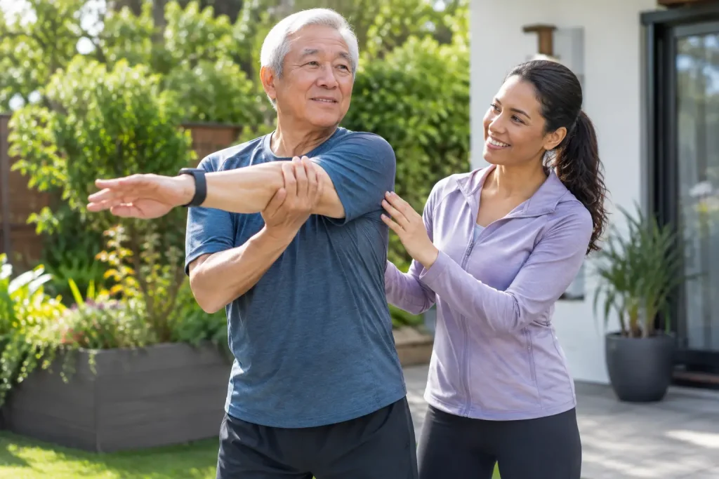 Older man practising arm movement with support outside his home