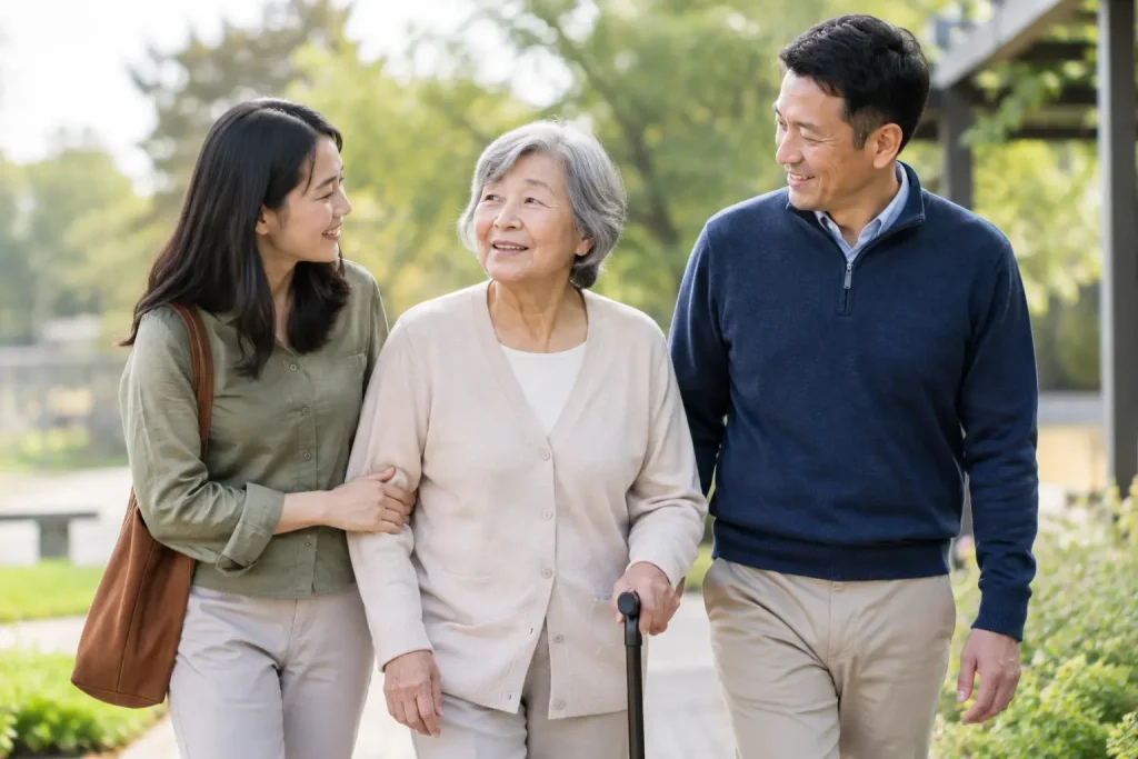 Older woman walking with two family members while using a walking stick