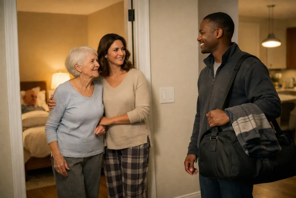 Overnight carer arriving at a home with a bag and blanket as an older couple prepare for the night