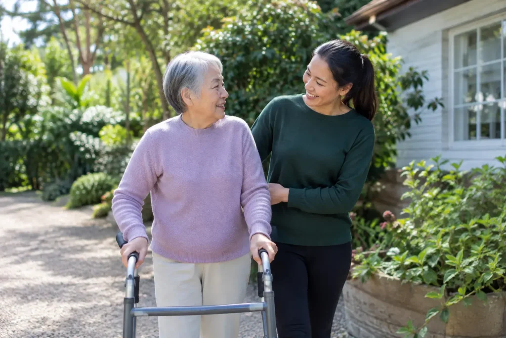 Older woman using a walking frame with support from another woman outside her home