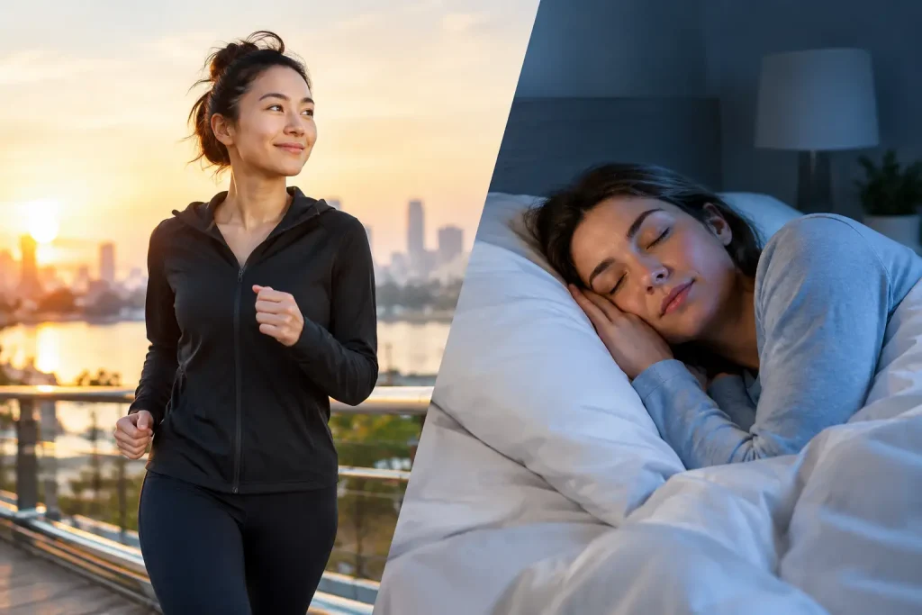 Split image showing a woman awake and active and another woman sleeping at night
