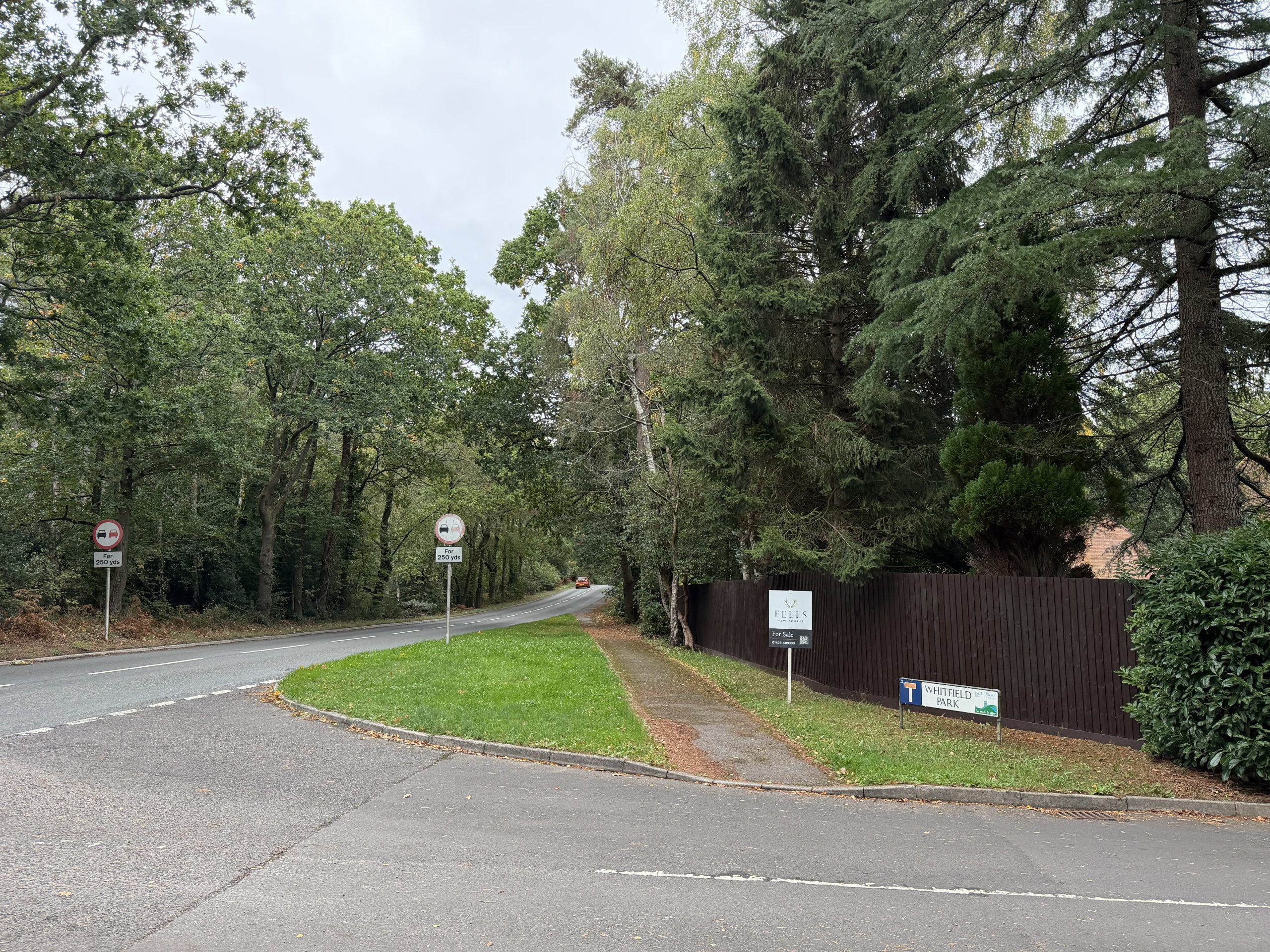 Whitefield Park road junction in Ashley Heath, Dorset, surrounded by woodland and mature trees.