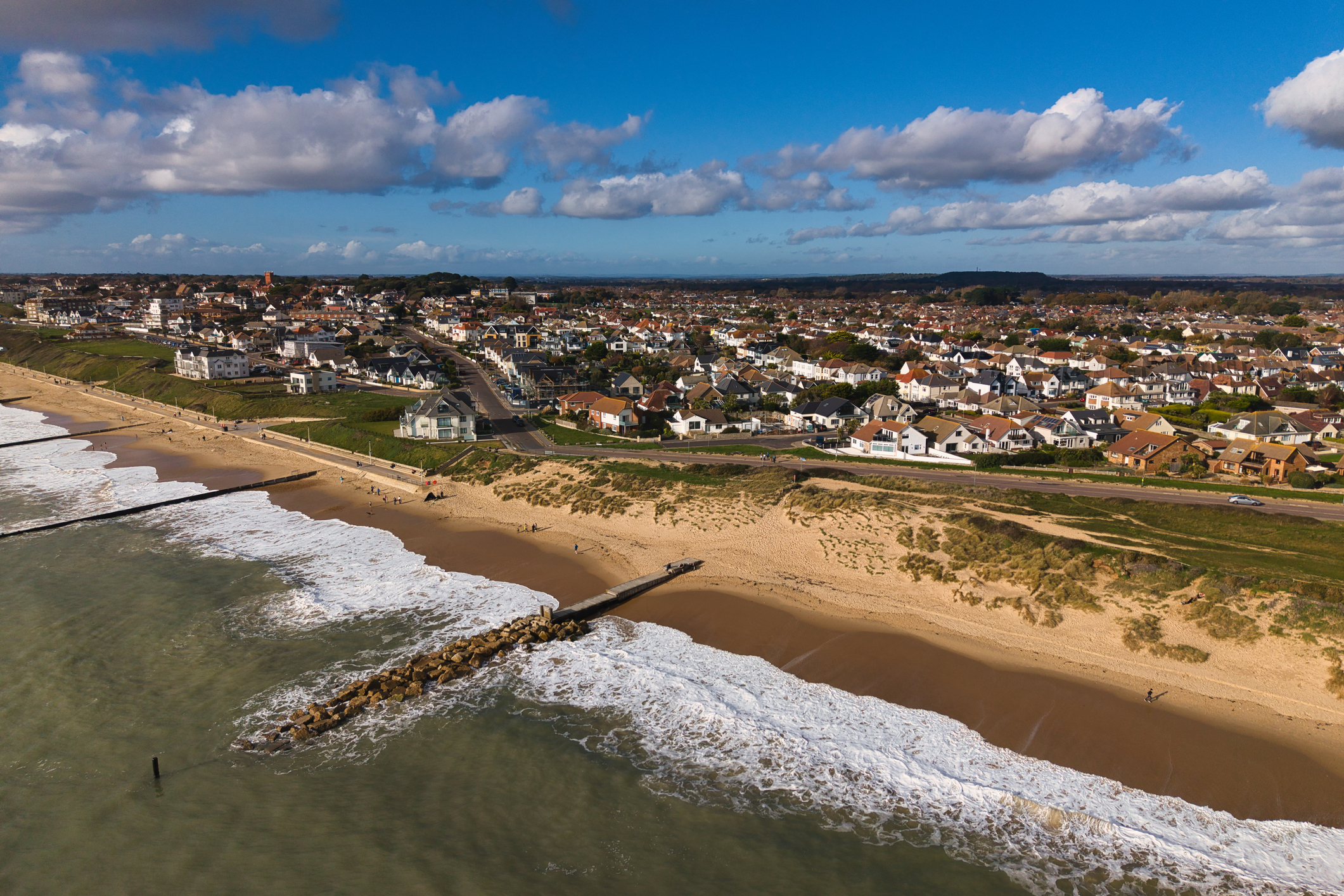 Aerial view of Southbourne Beach and homes in Bournemouth, Dorset