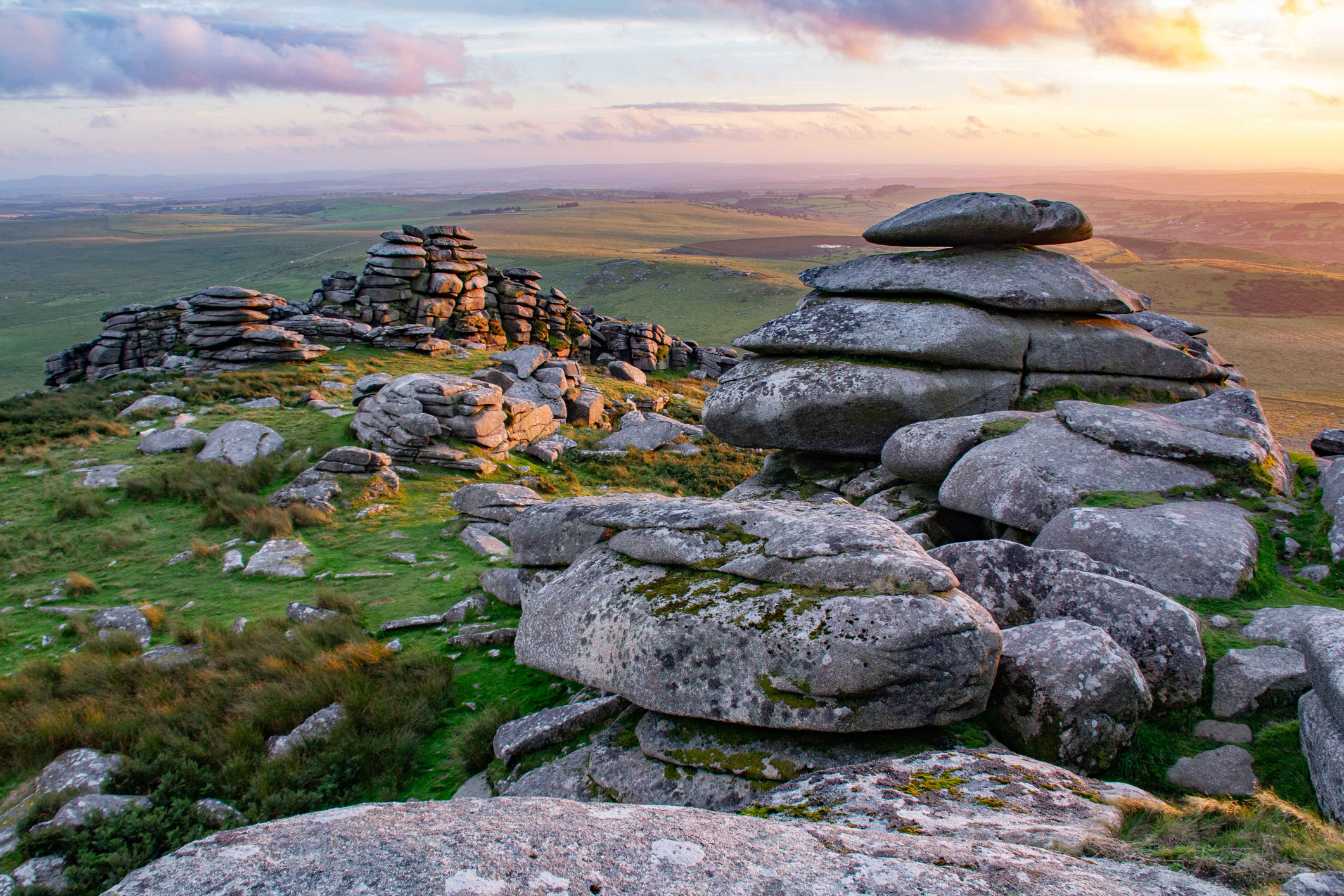 Granite tors and open moorland on Bodmin Moor in Cornwall at sunset