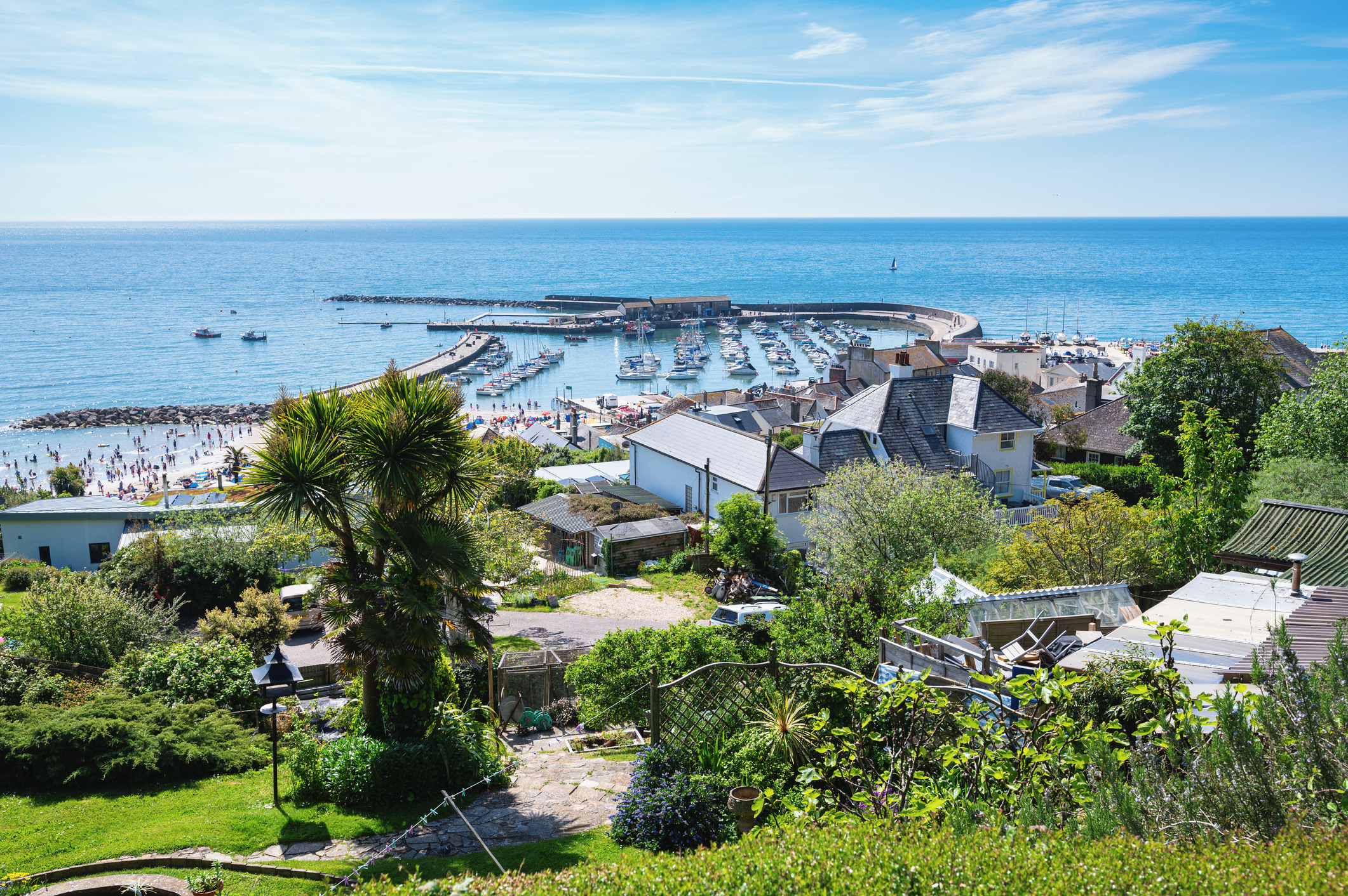 Homes overlooking Lyme Regis harbour and The Cobb in Dorset