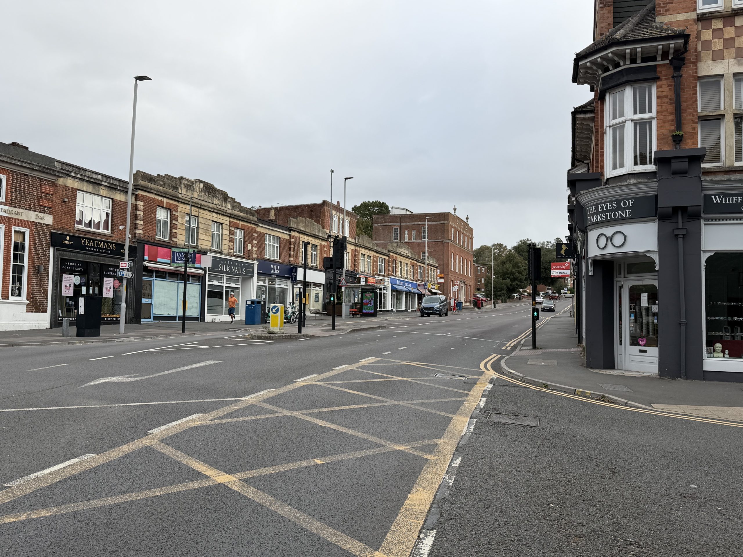 Shops and traditional commercial buildings along Ashley Road in Parkstone, Poole, Dorset.