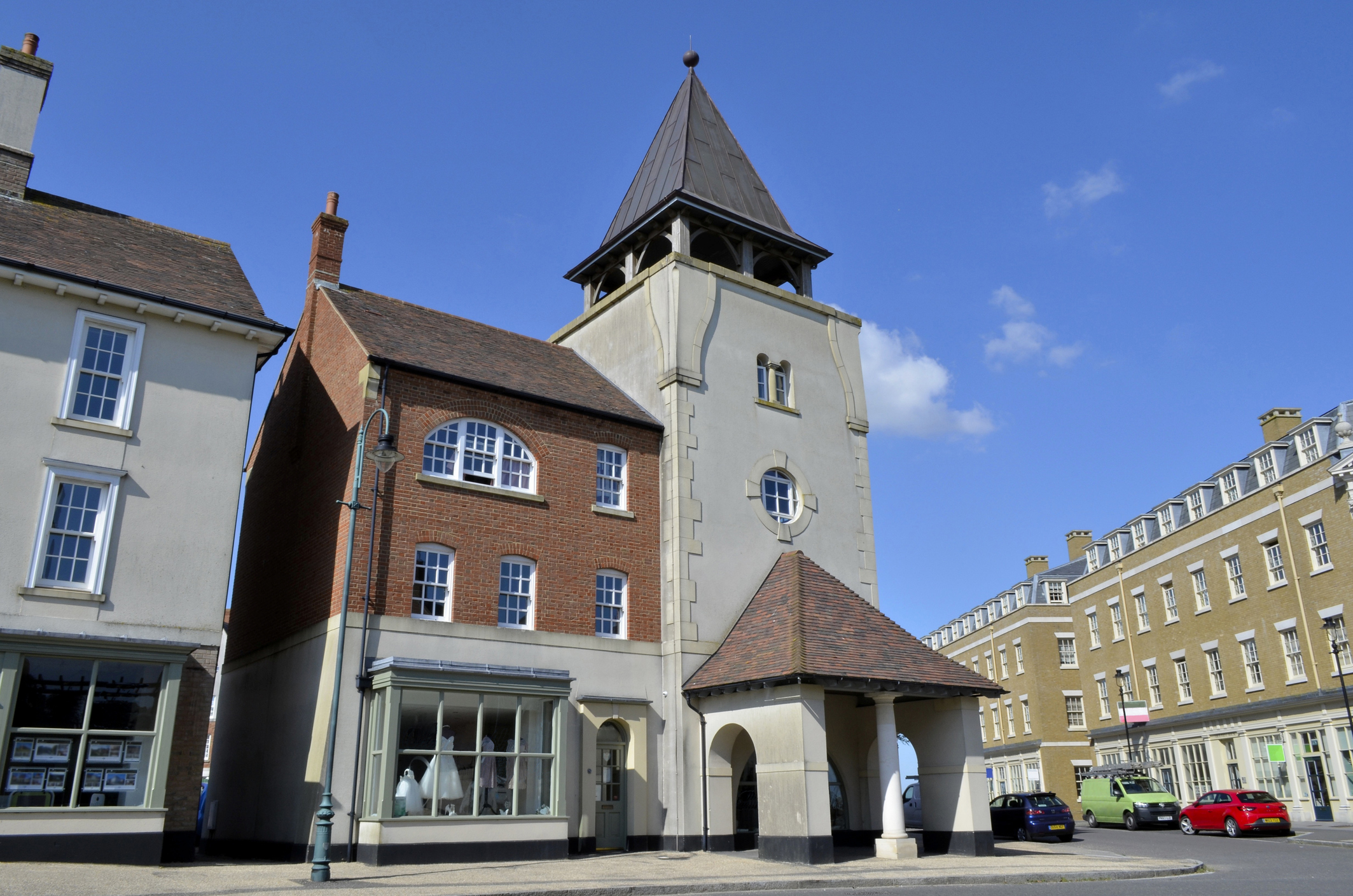 Distinctive tower and traditional-style architecture in Poundbury, Dorset