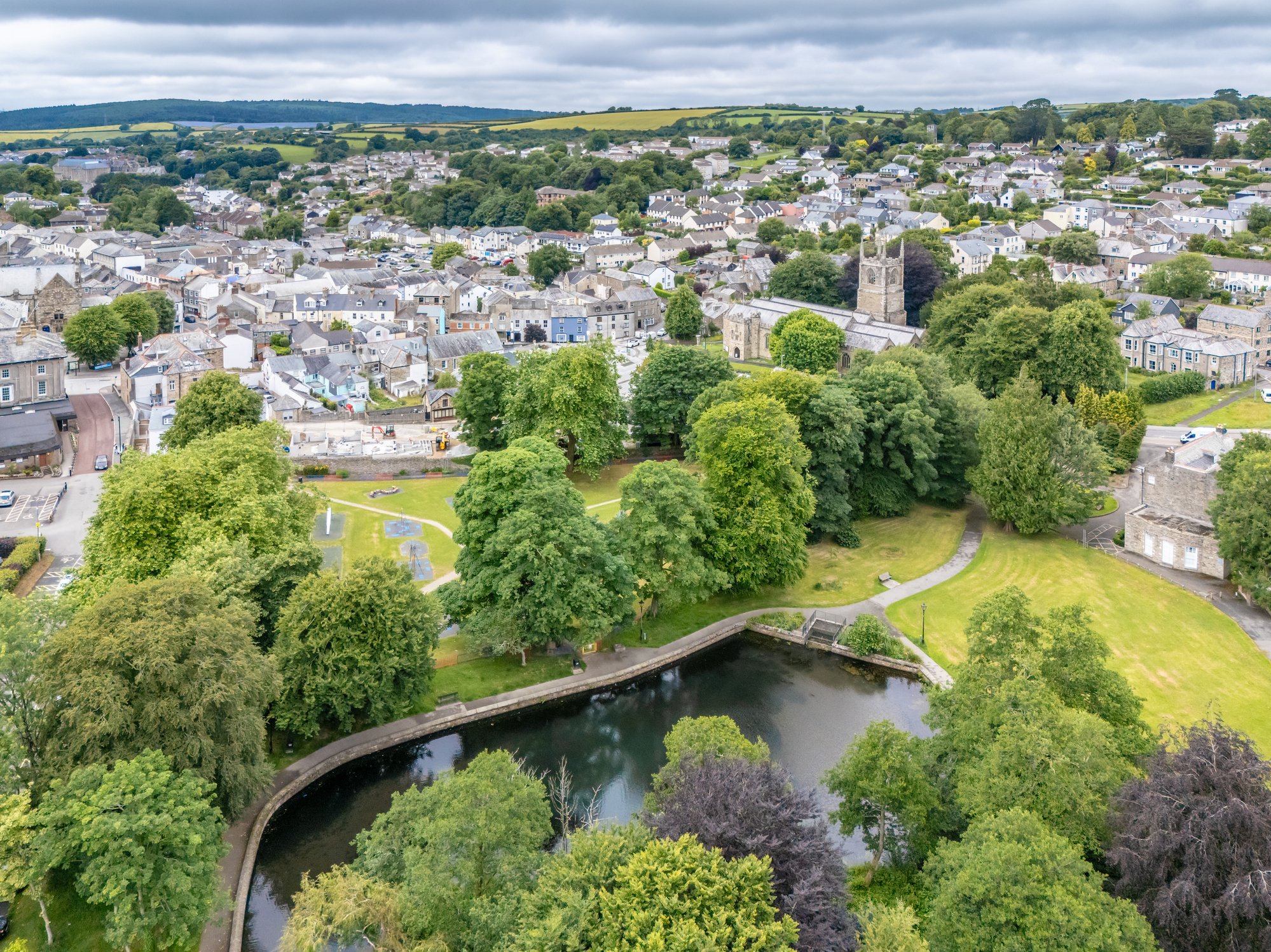 Aerial view of Priory Park and St Petroc's Church in Bodmin, Cornwall