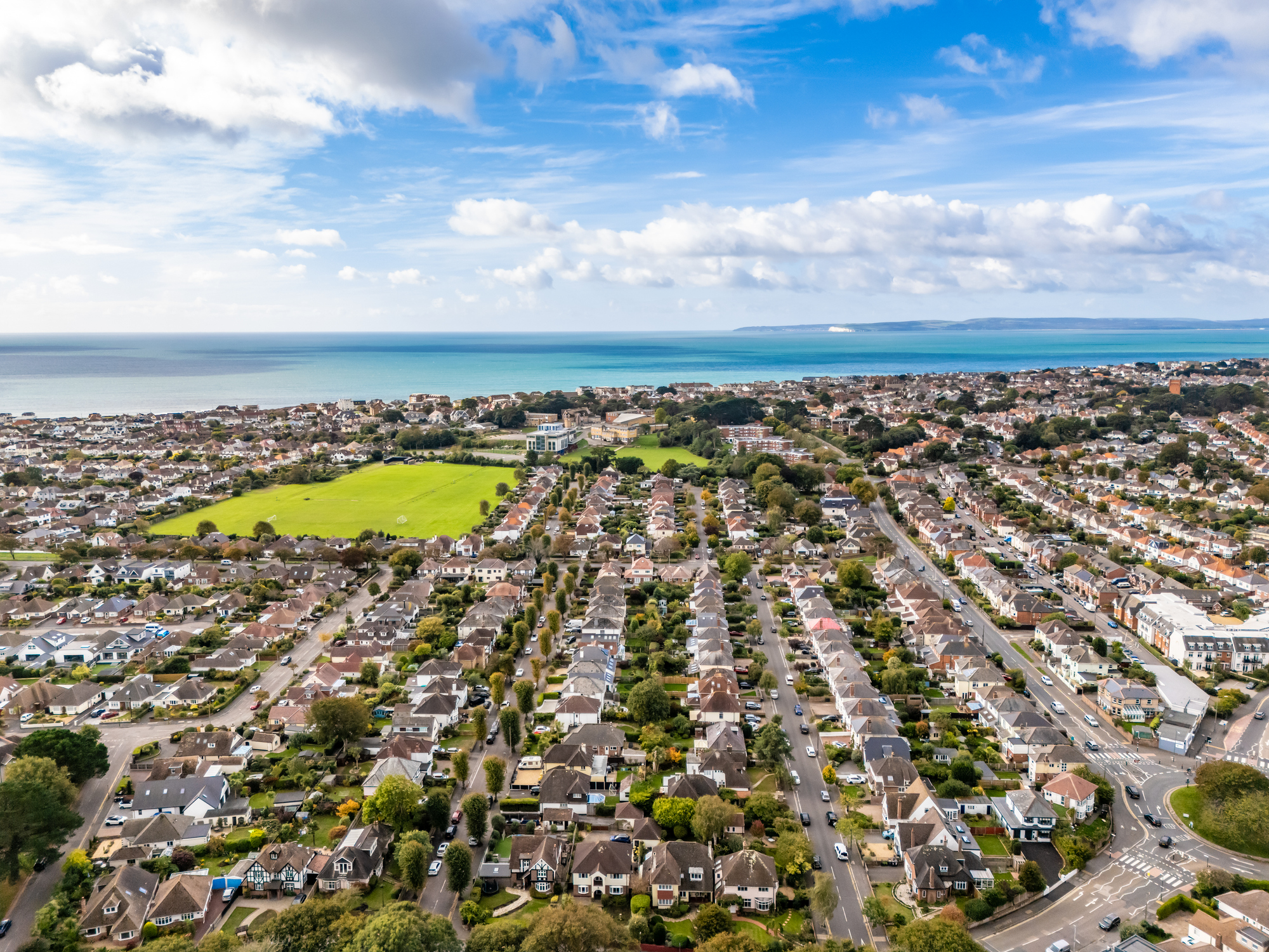 Aerial view of homes and residential streets in Southbourne, Bournemouth