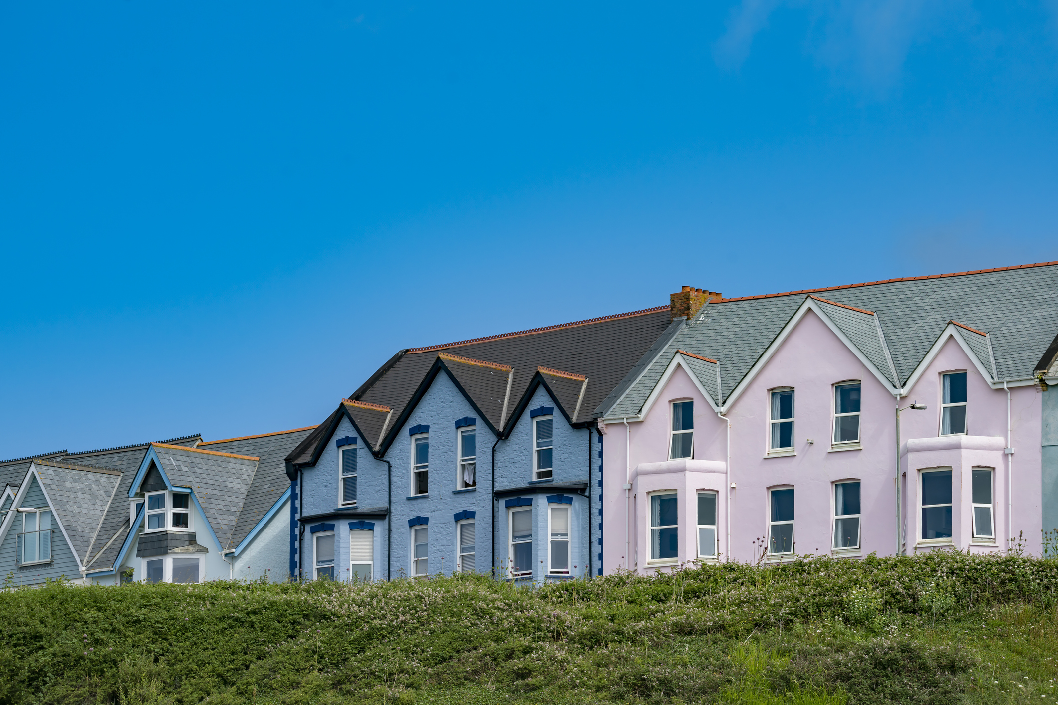 Colourful pastel-painted coastal houses in Bude, Cornwall