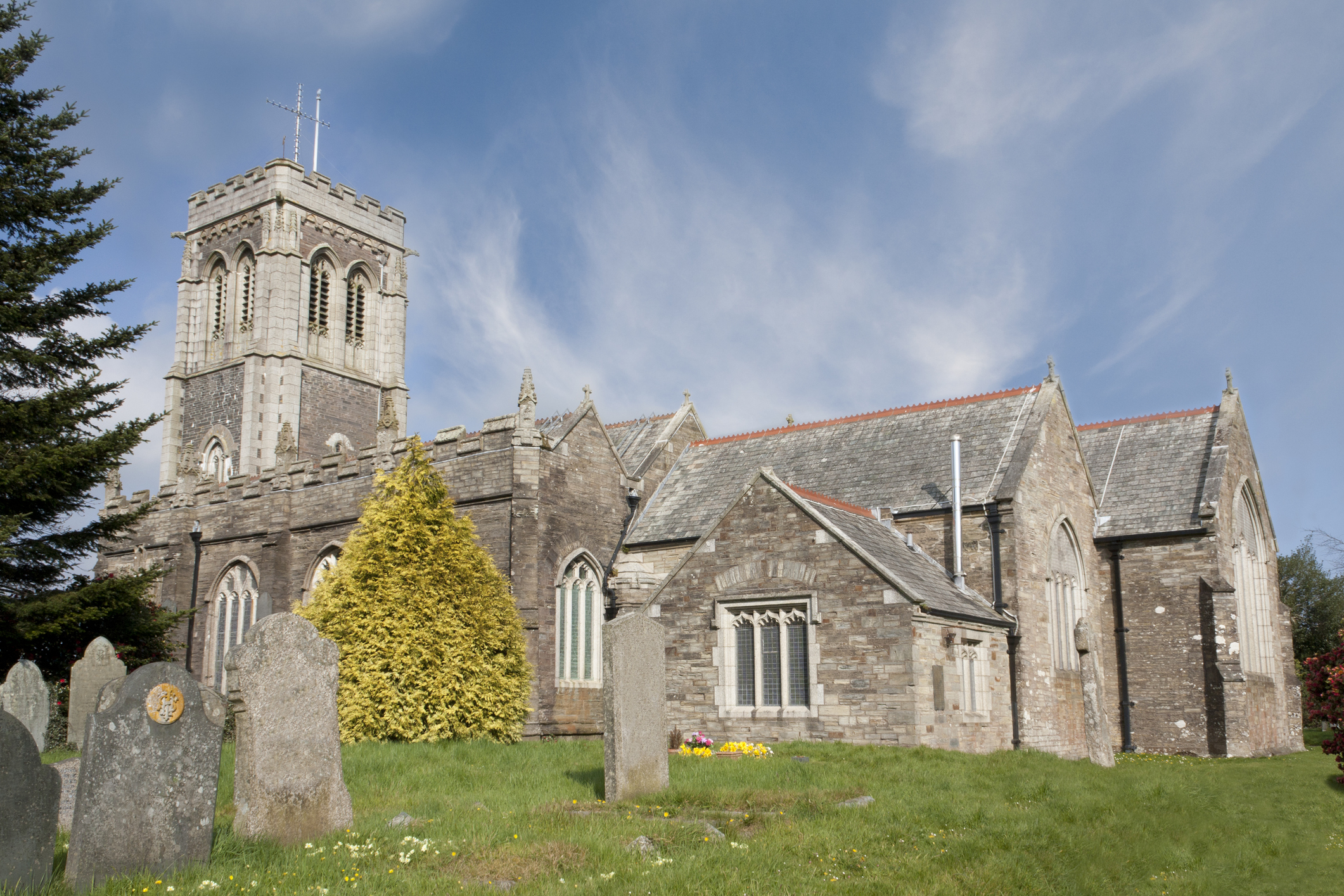 St Martin's Church in Liskeard Cornwall with its historic stone tower and surrounding churchyard