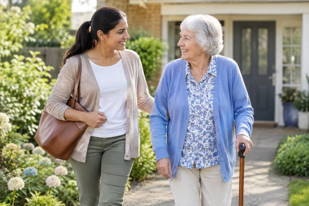 Older woman walking with a younger woman outside her home