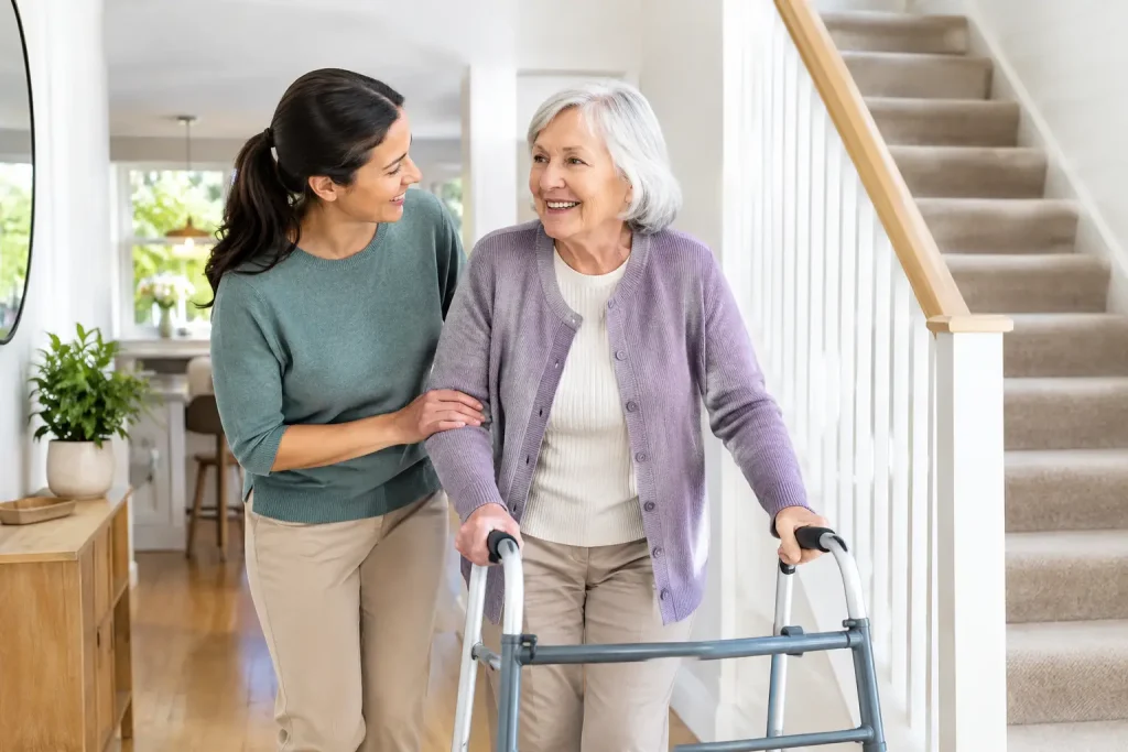 Older woman using a walking frame indoors with a younger companion beside her near the staircase
