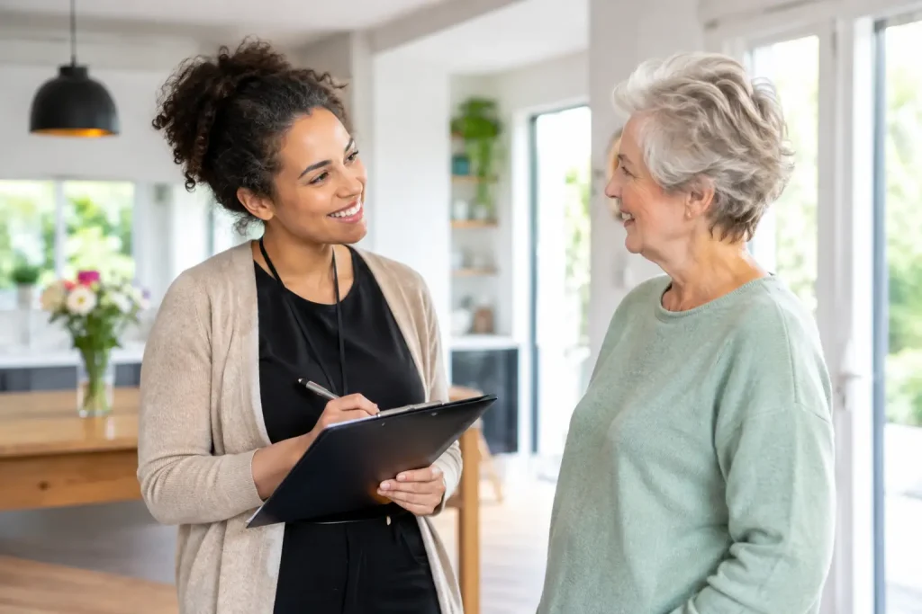 Older woman talking with another woman holding a clipboard inside a home