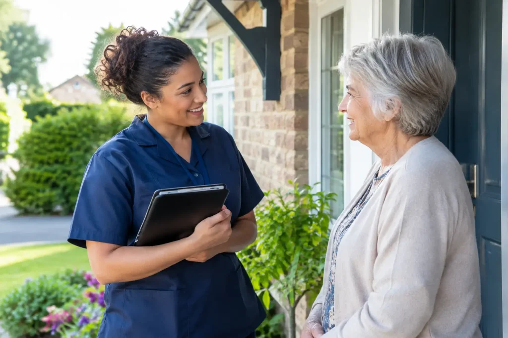 Older woman discussing her care with a care professional holding a tablet at home
