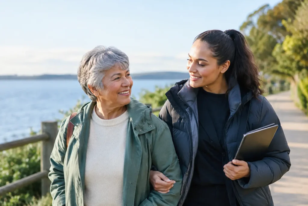 Older woman smiling and talking with a younger companion carrying a tablet while walking along a coastal path