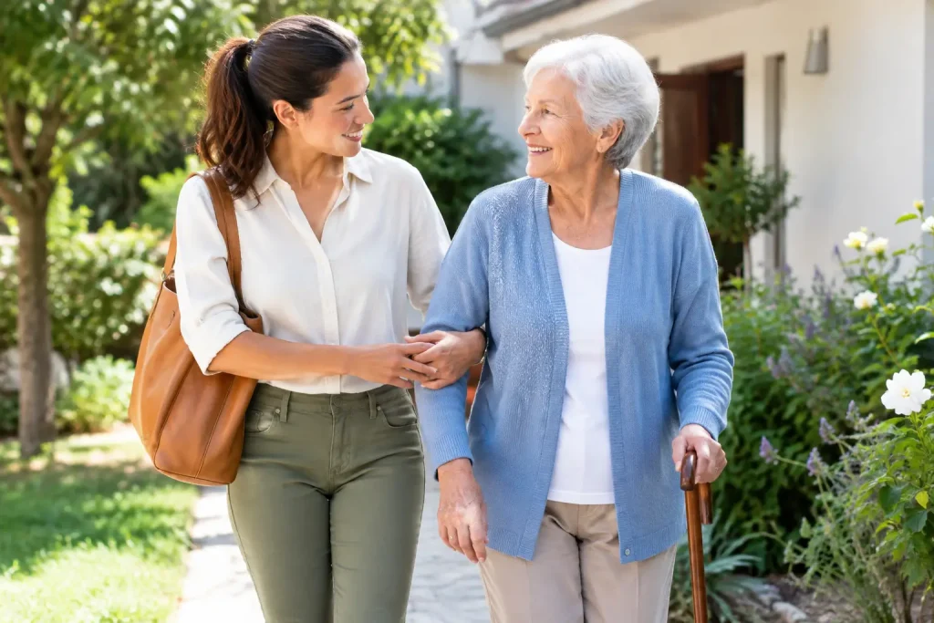 Older woman using a walking stick while walking with a younger companion along a garden path outside her home