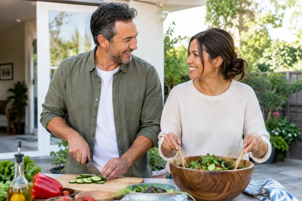 Man slicing cucumber while a woman mixes a salad at a garden table