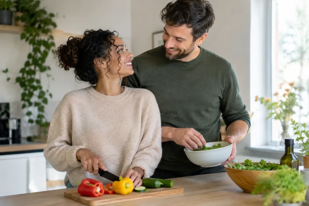 Couple smiling at each other while preparing vegetables together in a bright home kitchen