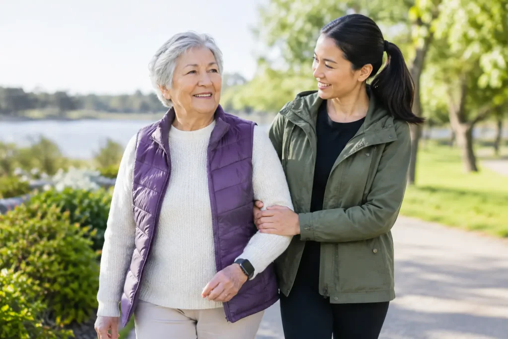 Older woman wearing a smartwatch walking beside a younger companion along a lakeside path